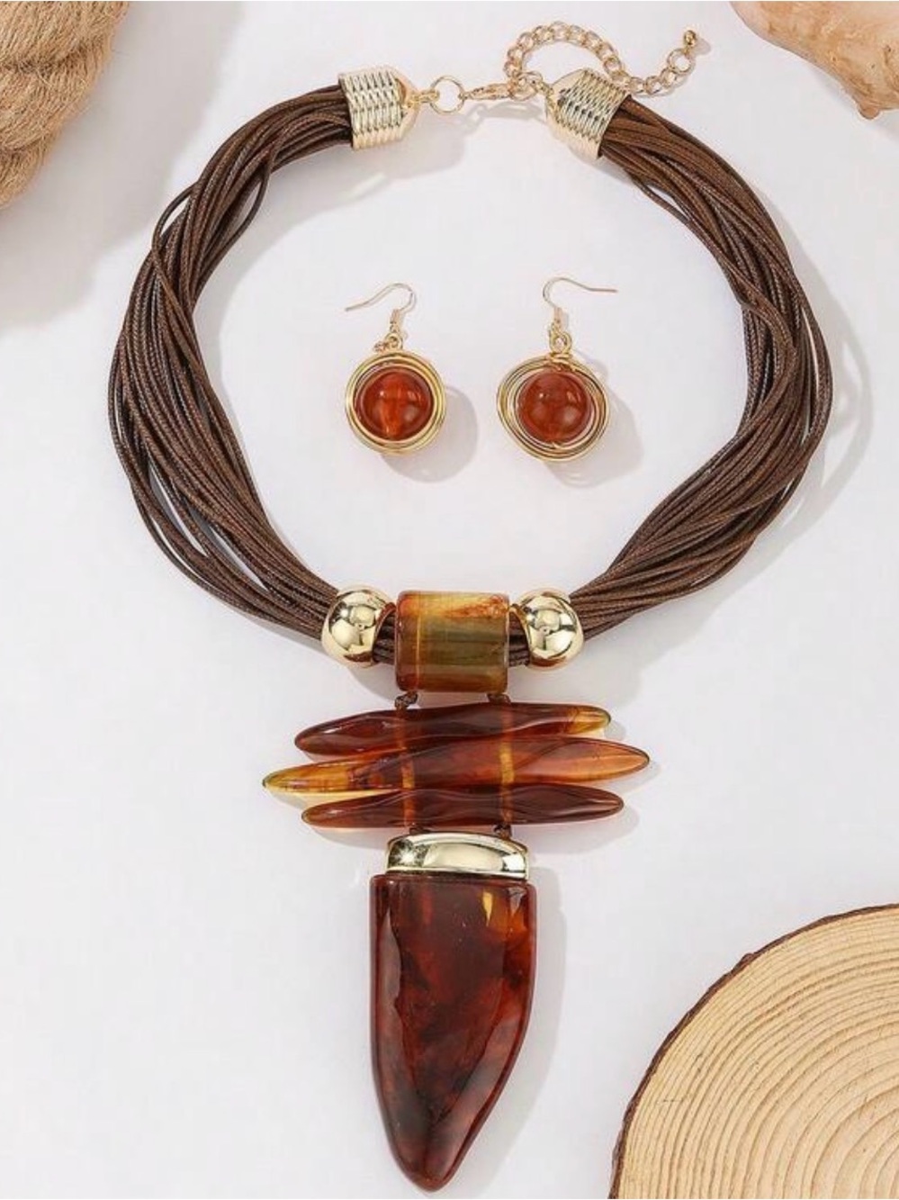 Elegant Brown Resin Statement Necklace and Earrings Set